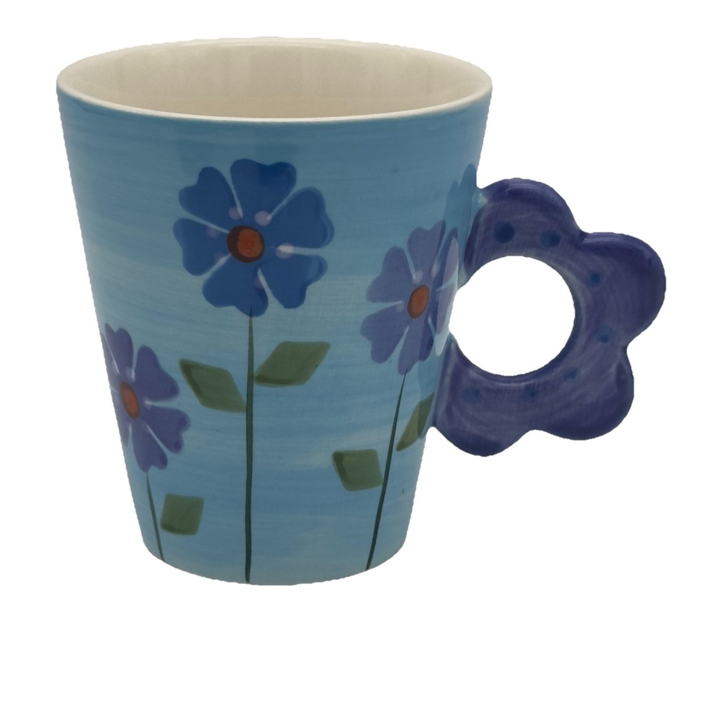 Vtg Flower Petal Handle‎ Pottery Art Coffee Mug Tea Cup 3D Fib Burton 10oz Blue